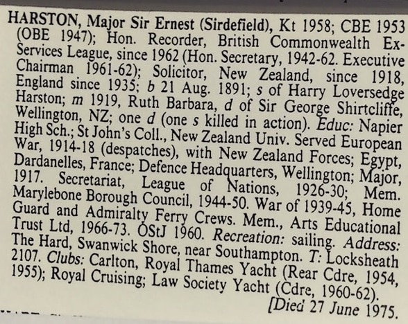 Major Sir Ernest Harston – Who’s Who Entry
